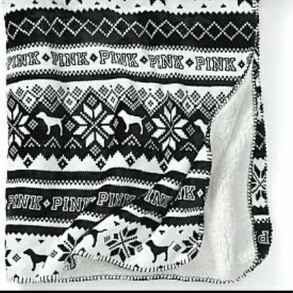 VS Pink Fair Isle Sherpa Blanket | throw black & white - Picture 2 of 6